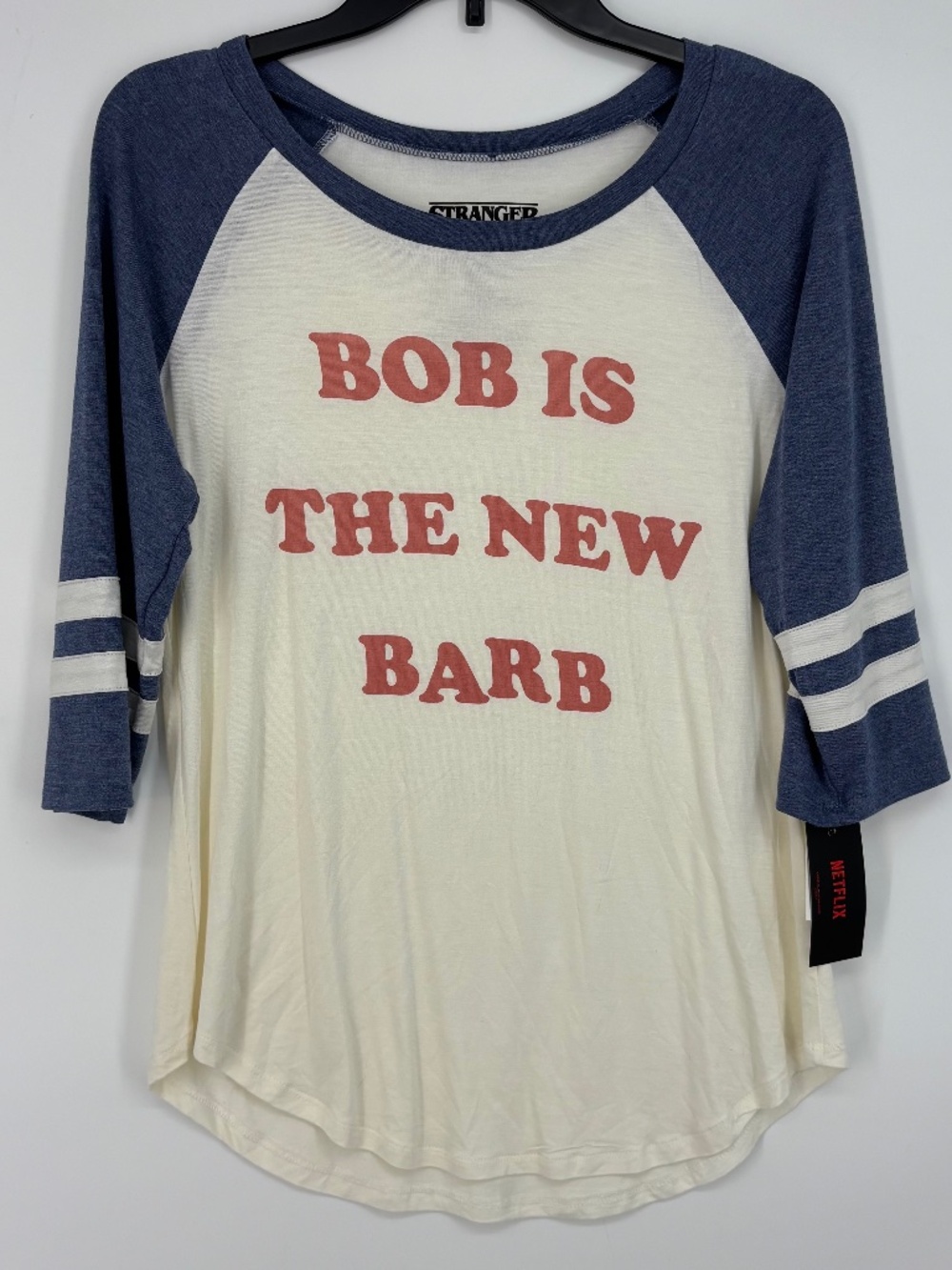 Netflix Stranger Things Womens Medium Baseball Tee T-Shirt Bob is the New Barb